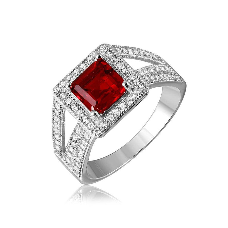 Silver 925 Rhodium Plated Red Square Halo with Micro Pave CZ Ring - GMR00103R | Silver Palace Inc.