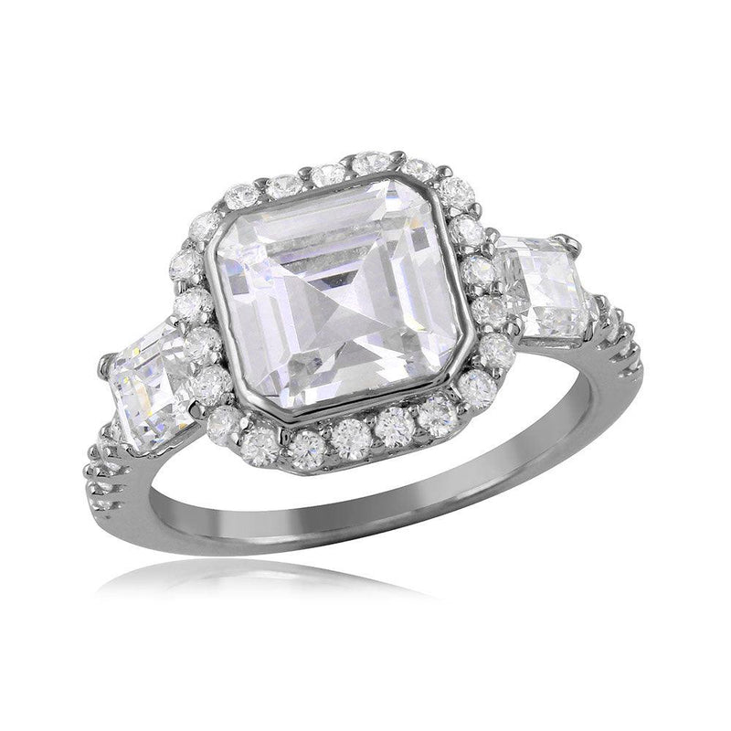 Silver 925 Rhodium Plated Princess Cut Halo Center CZ Ring - GMR00124 | Silver Palace Inc.