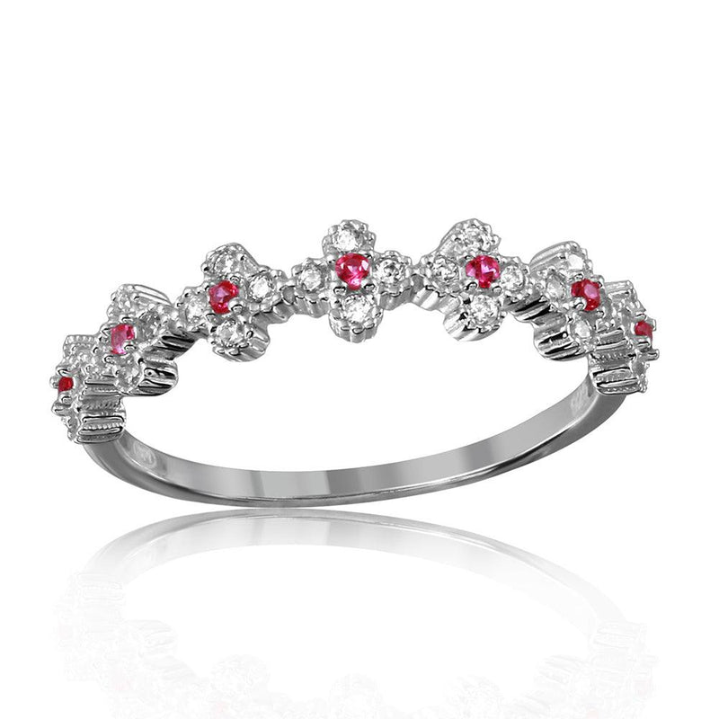 Silver 925 Rhodium Plated Clover Band with Red CZ Stones - GMR00129R | Silver Palace Inc.