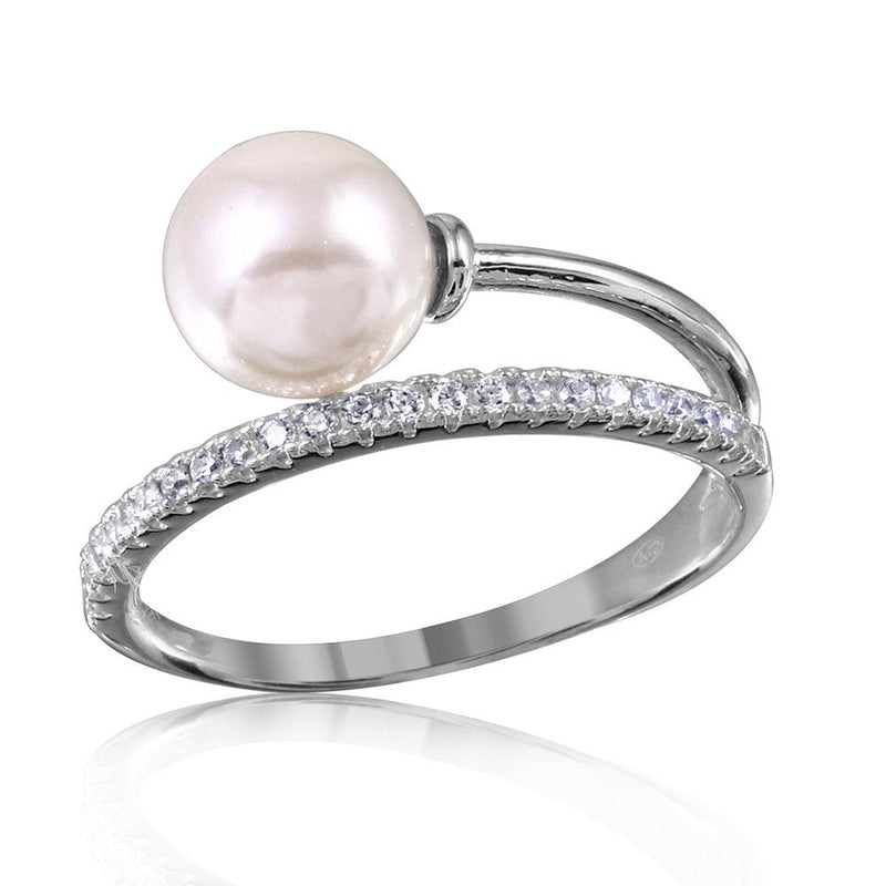 Silver 925 Rhodium Plated Overlap CZ and Synthetic Pearl Ring - GMR00130 | Silver Palace Inc.