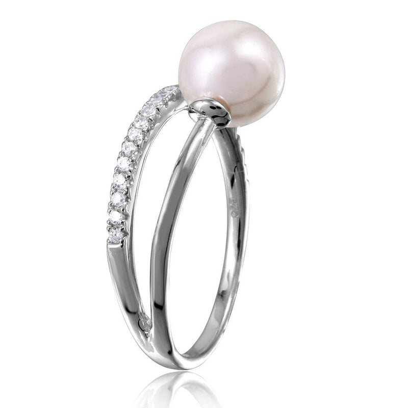 Silver 925 Rhodium Plated Overlap CZ and Synthetic Pearl Ring - GMR00130
