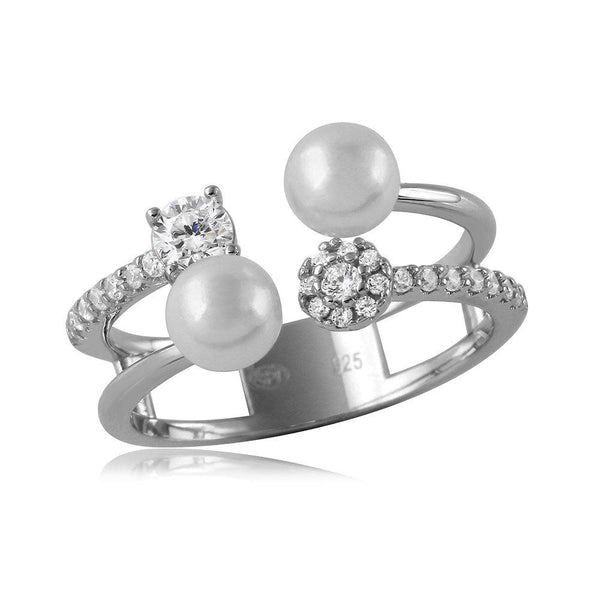 Silver 925 Rhodium Plated 2 Row CZ and Synthetic Pearl Ring - GMR00131 | Silver Palace Inc.