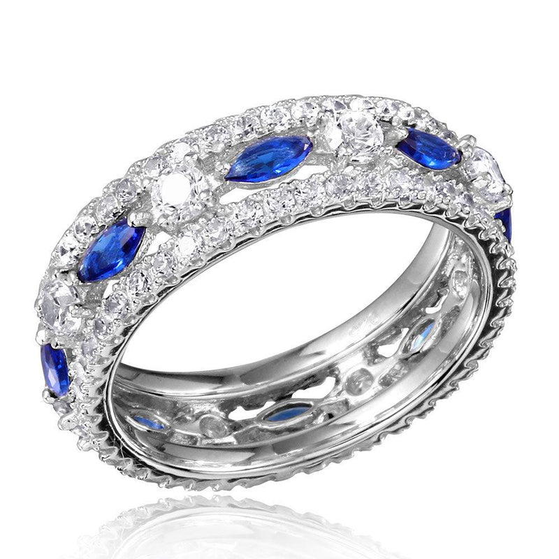 Silver 925 Rhodium Plated Band Encrusted with Clear and Blue CZ Stones - GMR00133S | Silver Palace Inc.