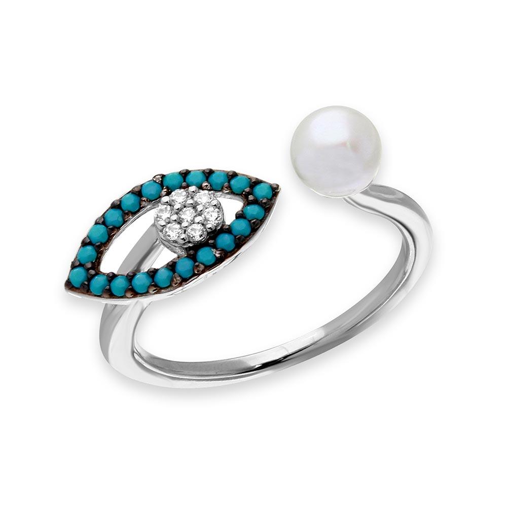 Silver 925 Black Rhodium and Rhodium Plated Turquoise Evil Eye and CZ with Fresh Water Pearl Ring - GMR00137B-T | Silver Palace Inc.