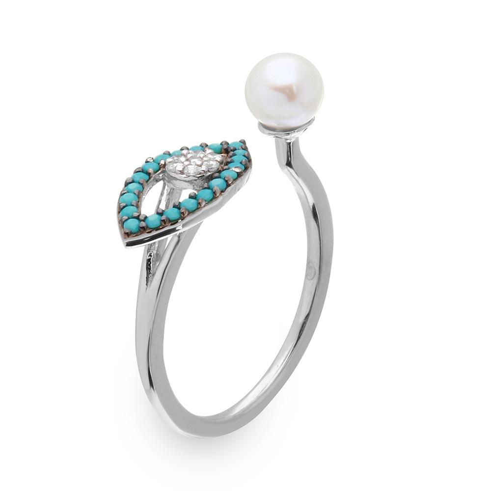 Anillo de plata 925 con rodio negro y rodio, turquesa, mal de ojo y circonita cúbica con perlas de agua dulce - GMR00137B-T