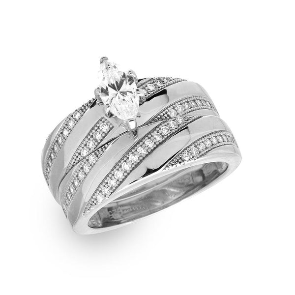 Silver 925 Rhodium Plated Marquise Center Trio Bridal Ring - GMR00146 | Silver Palace Inc.