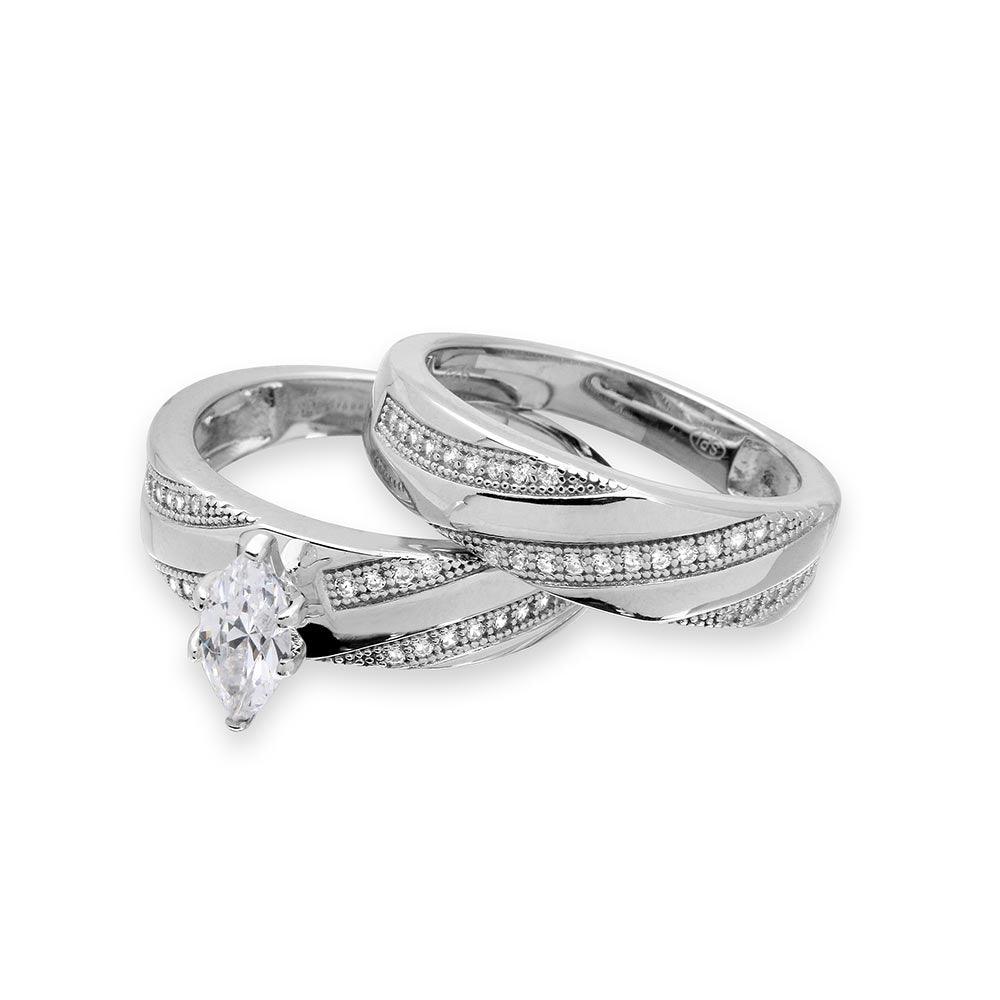 Silver 925 Rhodium Plated Marquise Center Trio Bridal Ring - GMR00146