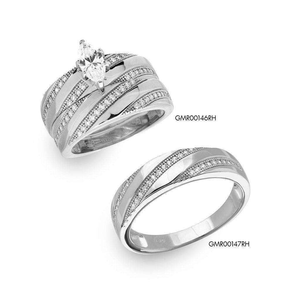 Silver 925 Rhodium Plated Marquise Center Trio Bridal Ring - GMR00146