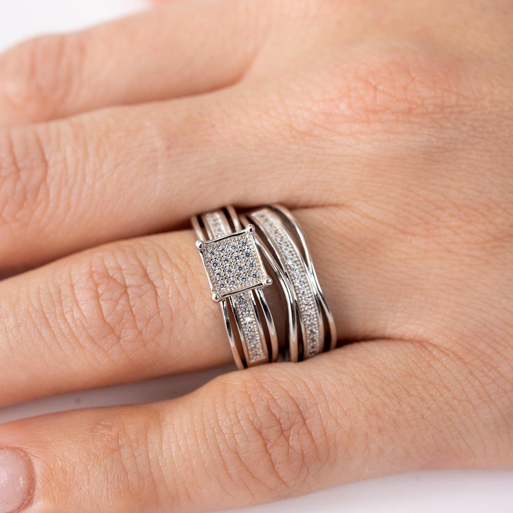 Silver 925 Rhodium Plated Square Center Trio Bridal Ring - GMR00156