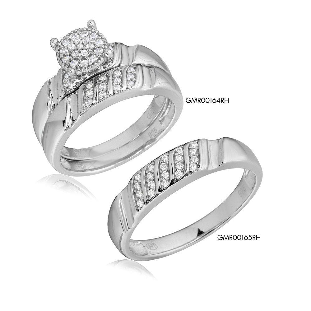 Anillo de bodas de plata de ley 925 rodiada con diseño de piedra lateral y centro de circonita cúbica Custer - GMR00164