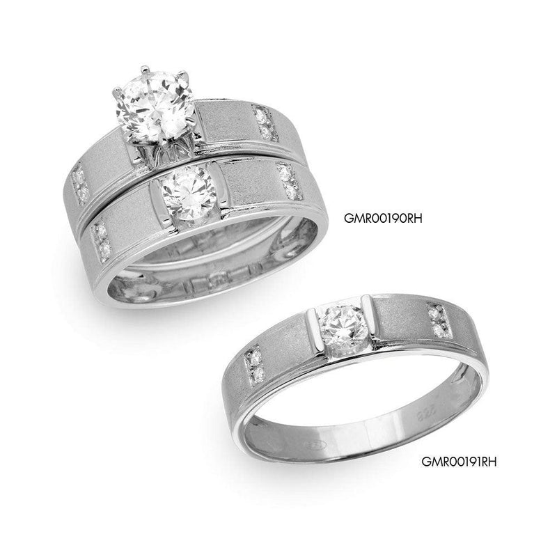 Silver 925 Rhodium Plated with Matte Finish Round Center Trio Bridal Ring - GMR00190