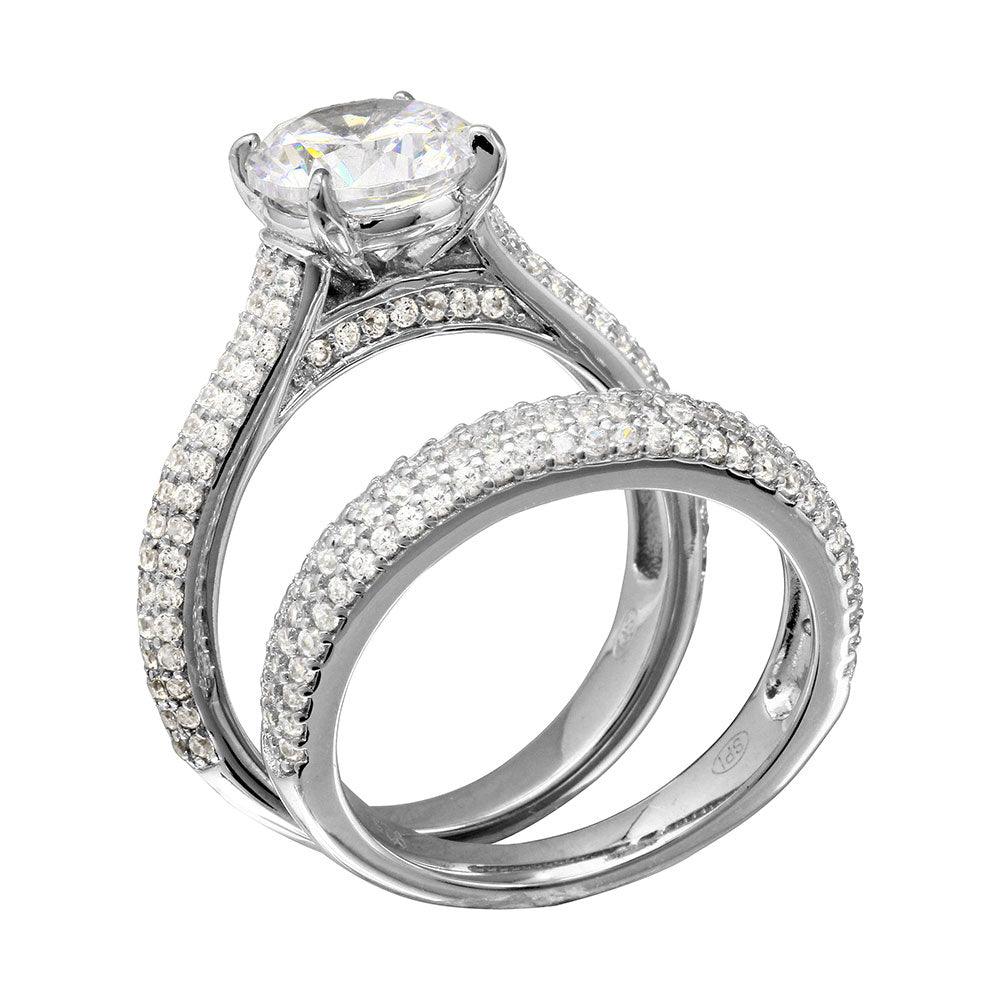 Anillo nupcial de plata de ley 925 rodiada con micropavé y piedra central - GMR00204