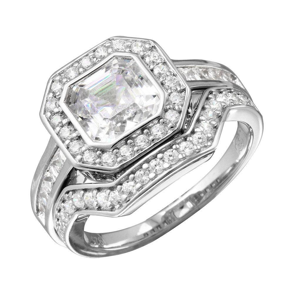 Silver 925 Rhodium Plated 2pcs CZ Square Center Bridal Ring - GMR00205 | Silver Palace Inc.