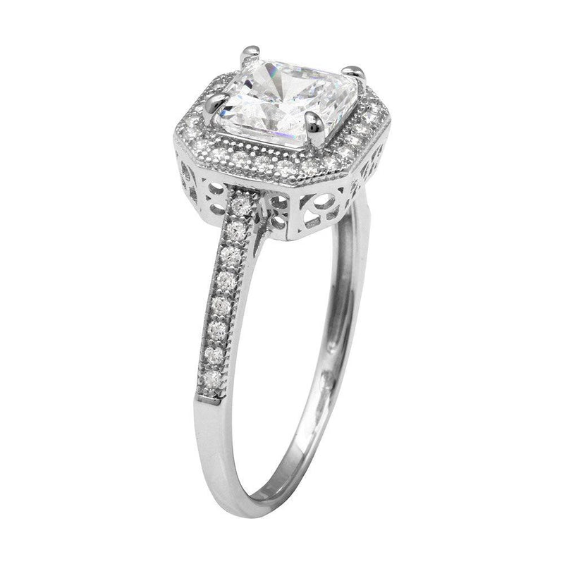 Rhodium Plated 925 Sterling Silver Square Halo Ring with CZ Shank - GMR00209