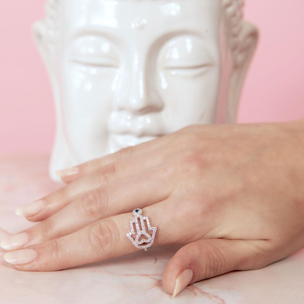 Rhodium Plated 925 Sterling Silver Heart Hamsa and Evil Eye with CZ - GMR00211