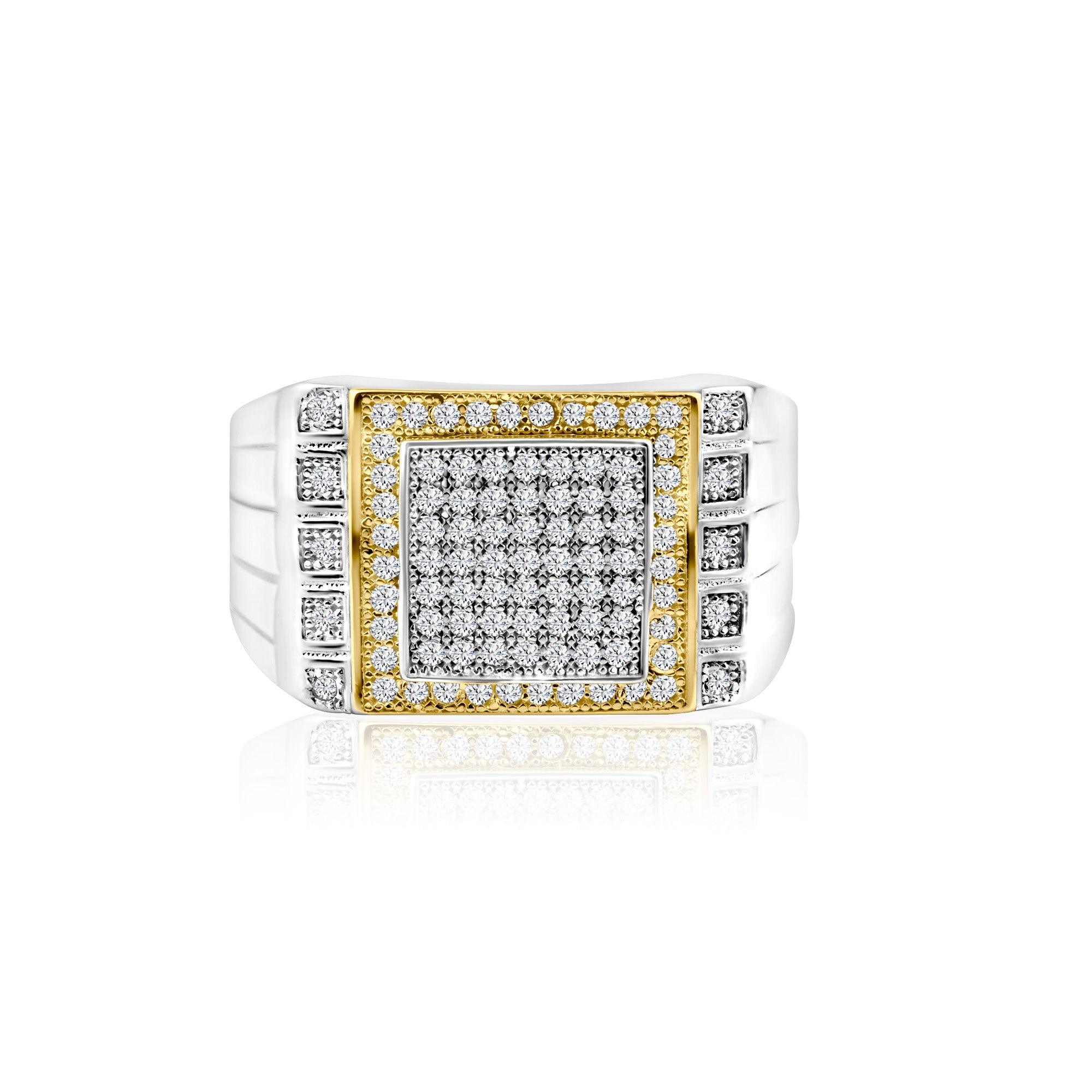 Two-Tone 925 Rhodium Plated 925 Sterling Silver Square CZ Encrusted Men's Ring - GMR00218RG