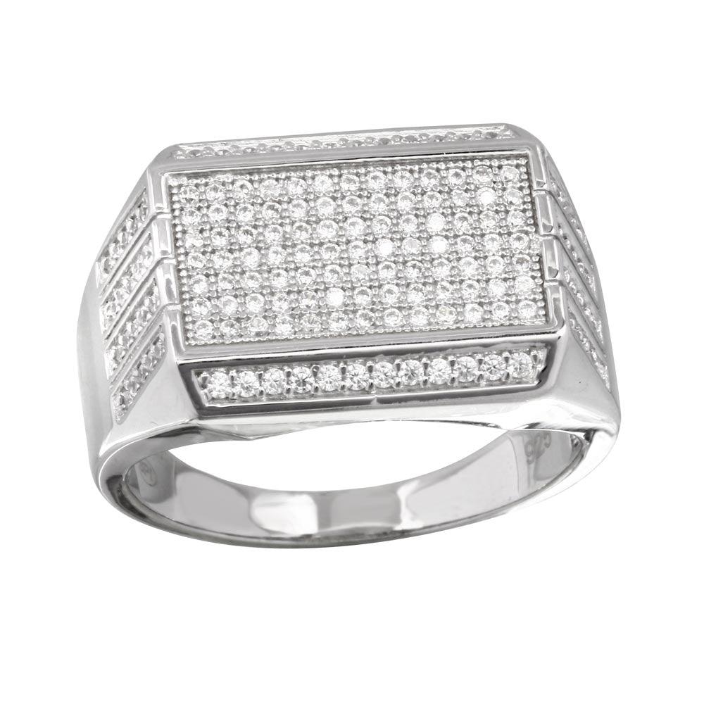Rhodium Plated 925 Sterling Silver Men's Rectangular Ring with CZ