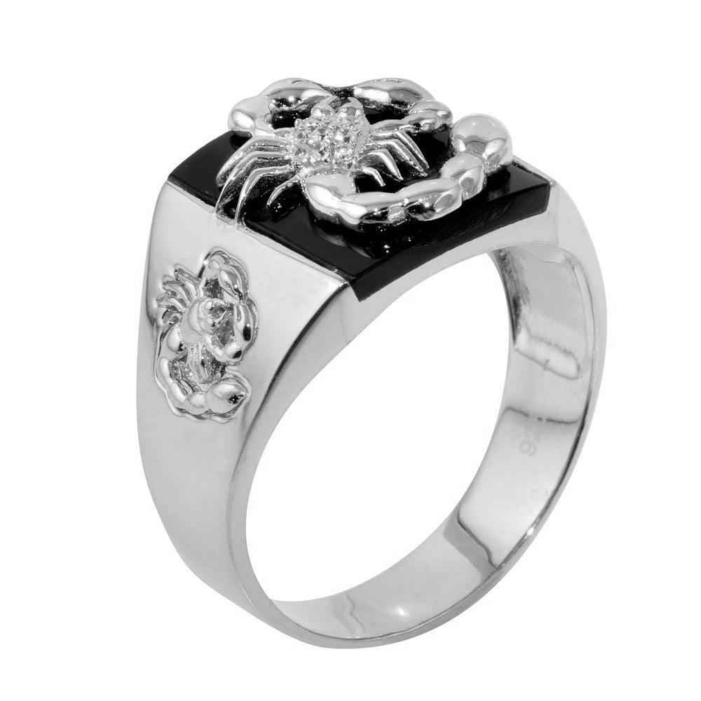 Rhodium Plated 925 Sterling Silver Square Scorpion Ring with CZ