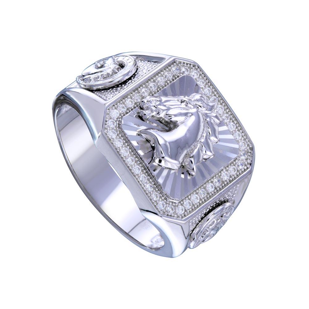 Rhodium Plated 925 Sterling Silver Men's Stallion Statement CZ