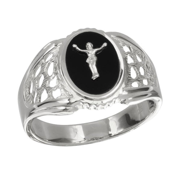 Silver 925 Rhodium Plated Black Oval Body of Christ Ring - GMR00241RH | Silver Palace Inc.