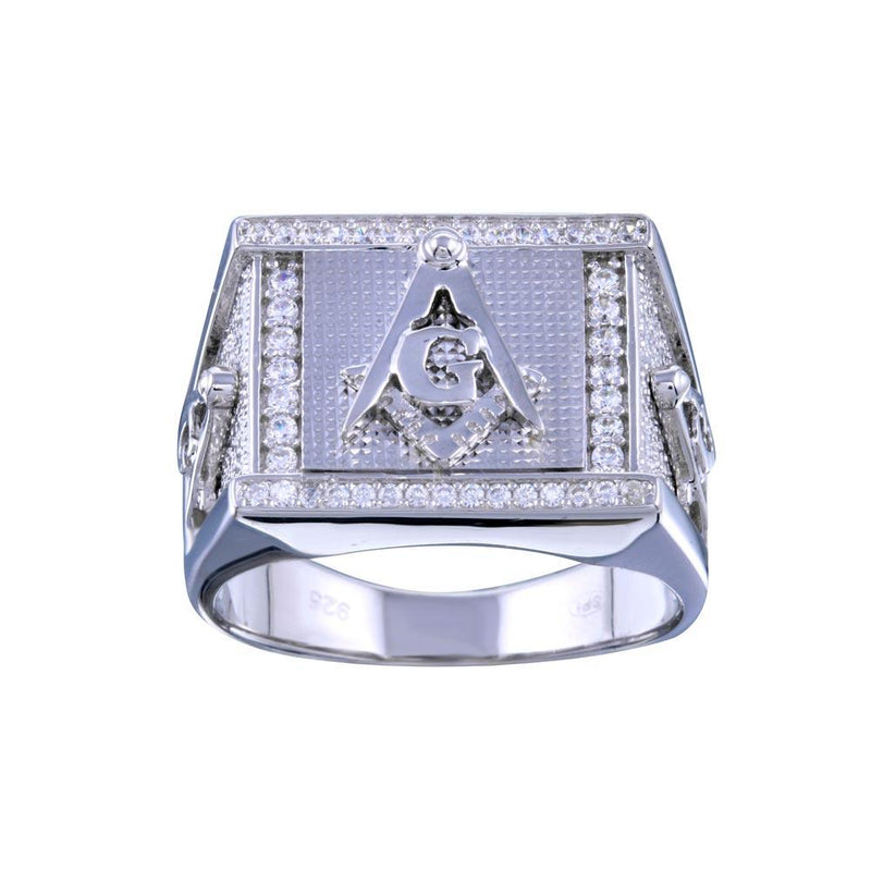 Men's Sterling Rhodium Plated 925 Sterling Silver Masonry Statement CZ Ring - GMR00243 | Silver Palace Inc.