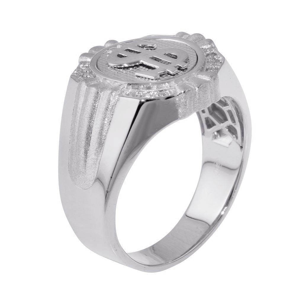 Rhodium Plated 925 Sterling Silver Dollar Sign Ring with CZ