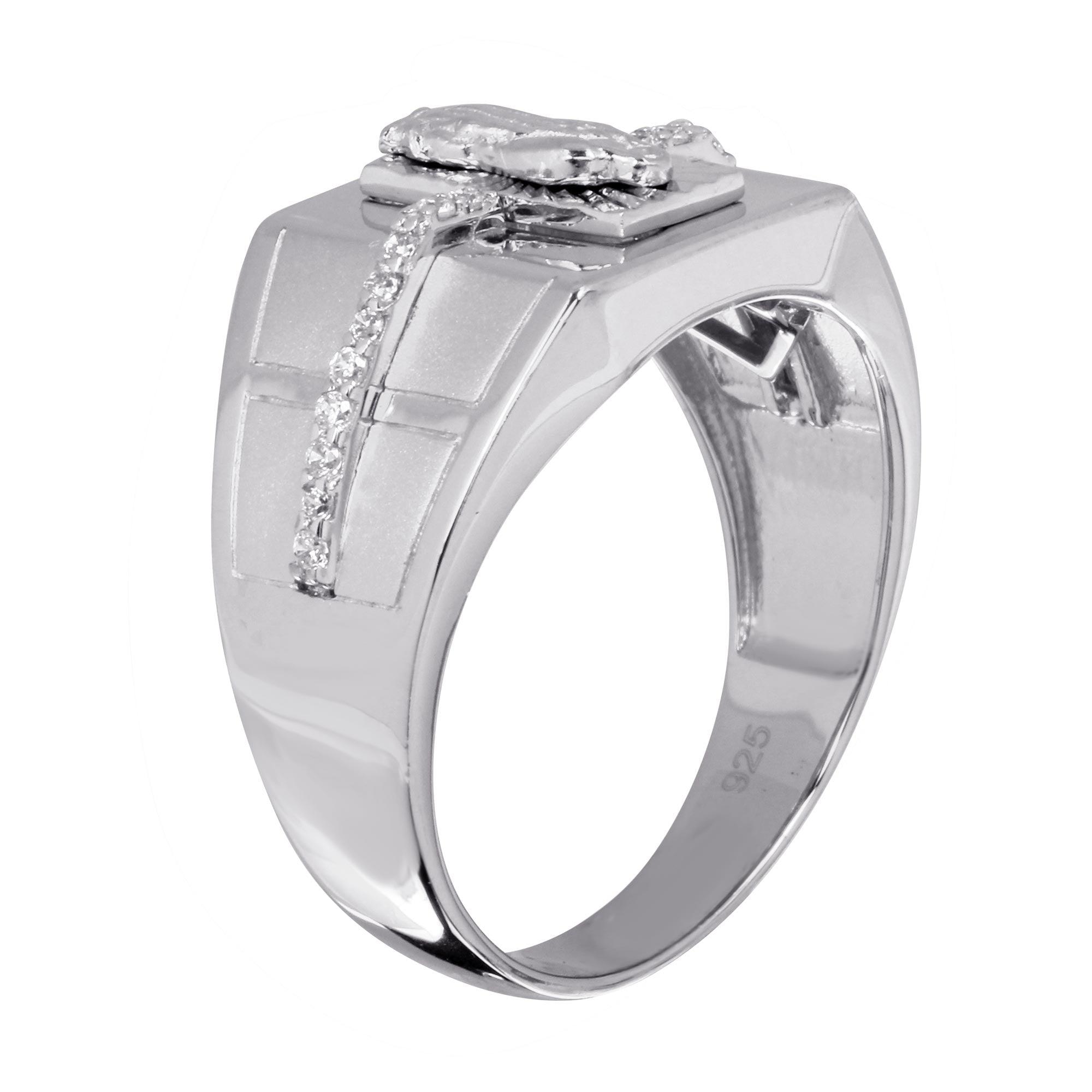 Men's Sterling Silver 925 Rhodium Lady of Guadalupe Ring with CZ