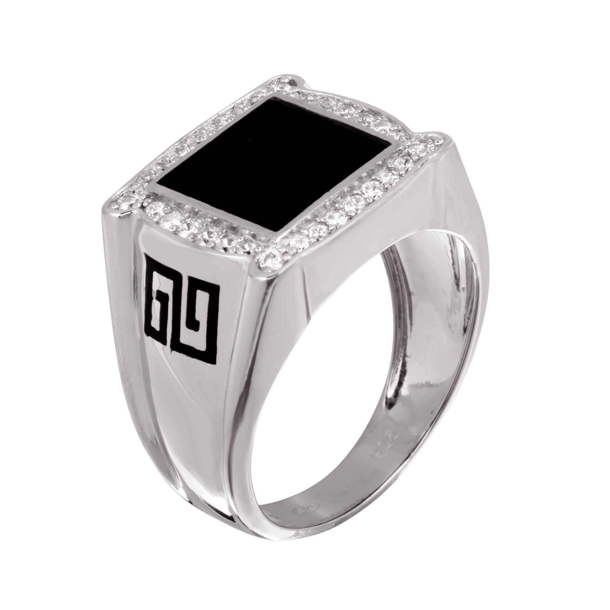 Men's Sterling Rhodium Plated 925 Sterling Silver Flat Square Onyx