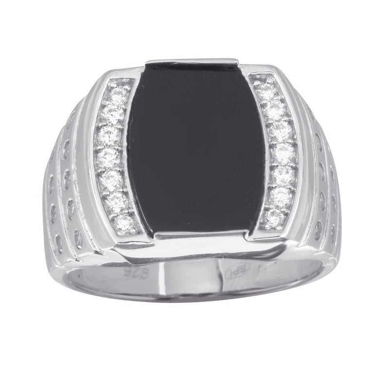 Men's Sterling Rhodium Plated 925 Sterling Silver Flat Oval Onyx Ring with CZ - GMR00255RH | Silver Palace Inc.