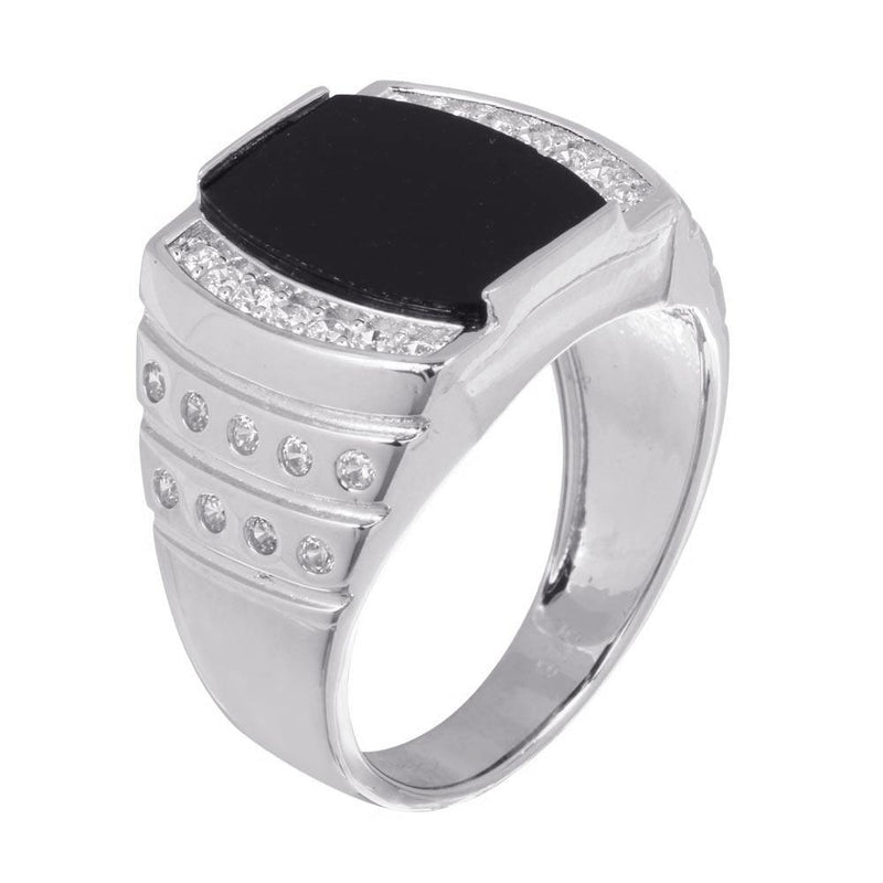 Rhodium Plated 925 Sterling Silver Men's Flat Oval Onyx Ring with CZ - GMR00255RH