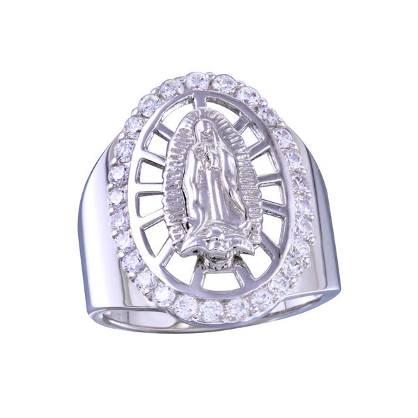 Rhodium Plated 925 Sterling Silver Oval CZ Lady of Guadalupe Center Ring - GMR00256RH | Silver Palace Inc.