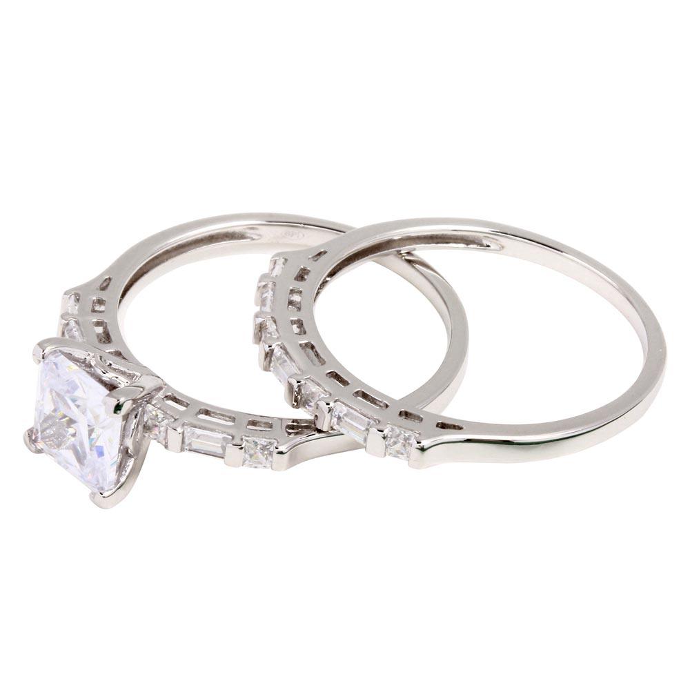 Rhodium Plated 925 Sterling Silver Princess Cut Engagement Ring - GMR00265