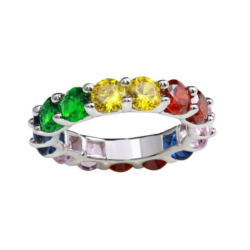 Silver 925 Sterling Silver Rhodium Plated Multi-Colored Round CZ Stone Ring - GMR00269RBC | Silver Palace Inc.