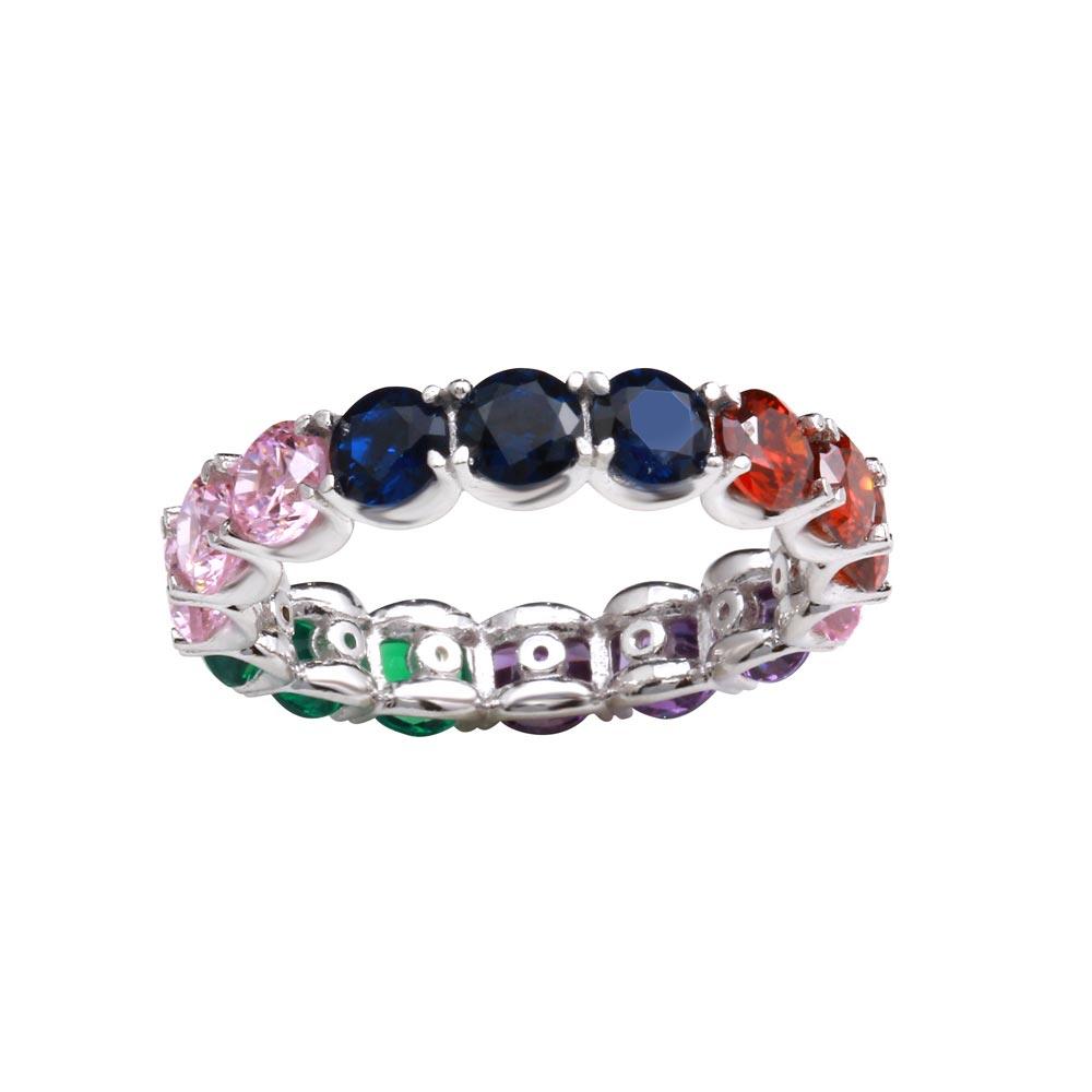 Silver 925 Rhodium Plated Multi-Colored Round CZ Stone Ring ...