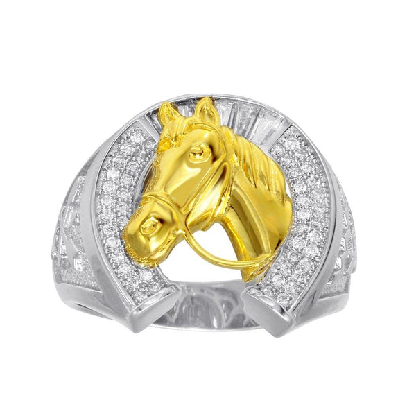 Men's Sterling Silver 2 Toned CZ Horse Shoe Gold Horse Ring - GMR00278RG | Silver Palace Inc.