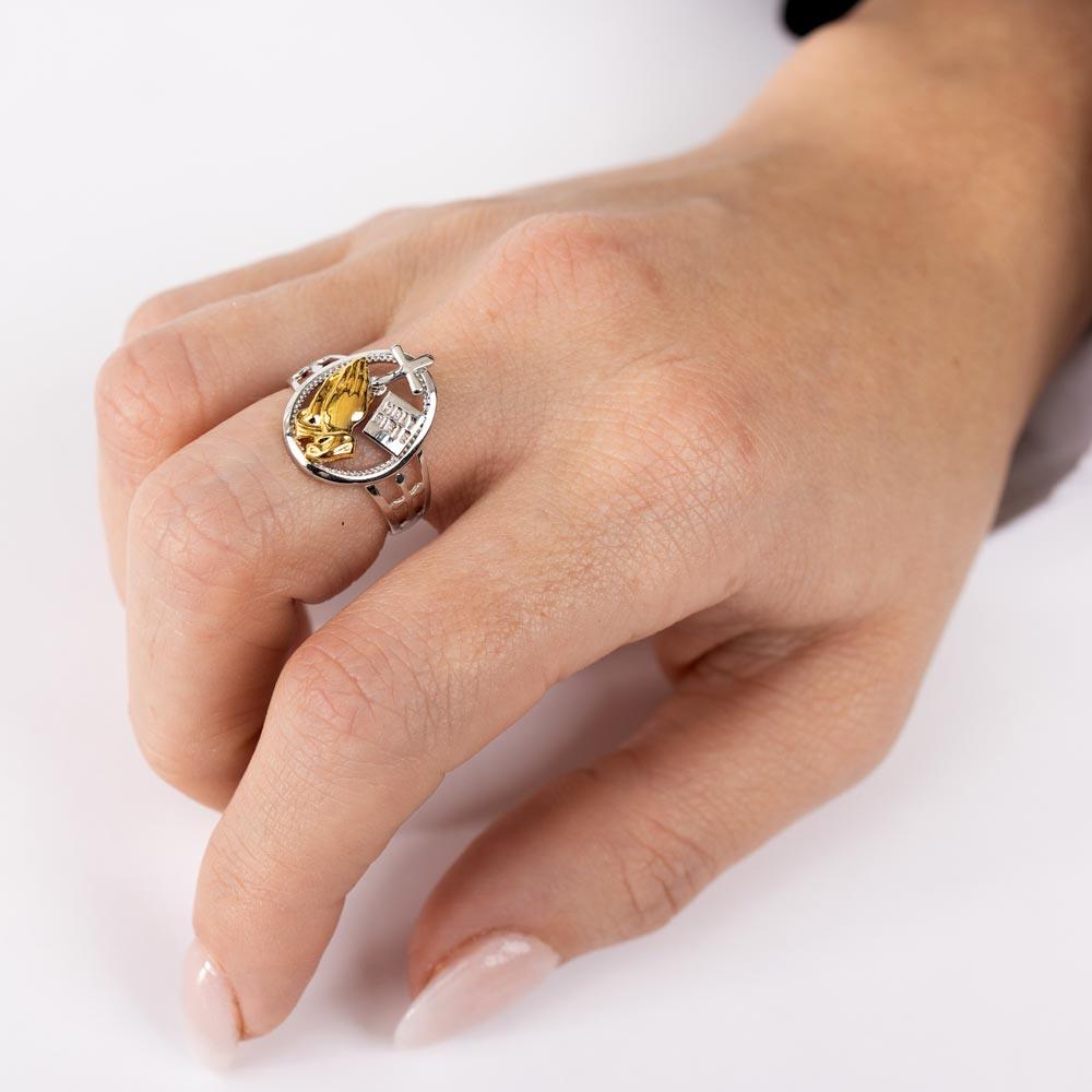 2 Toned Plated 925 Sterling Silver Praying Hand with Cross Ring