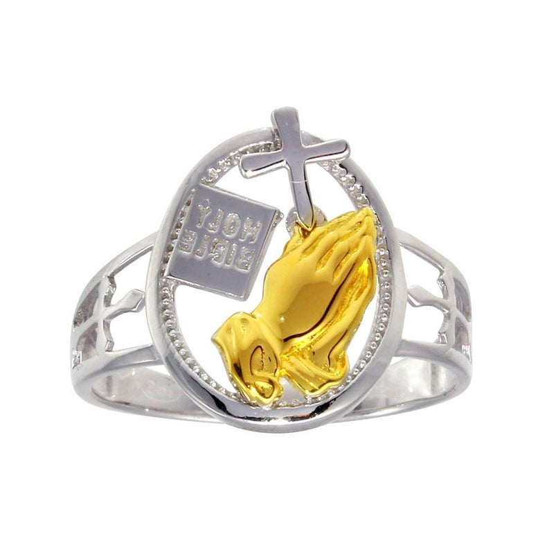 Silver 925 2 Toned Plated Praying Hand with Cross Ring - GMR00292RG | Silver Palace Inc.