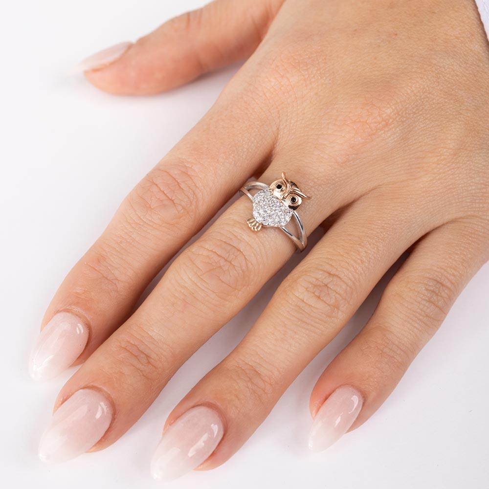 Anillo de búho de circonitas cúbicas en plata de ley 925 bicolor - GMR00299RHR