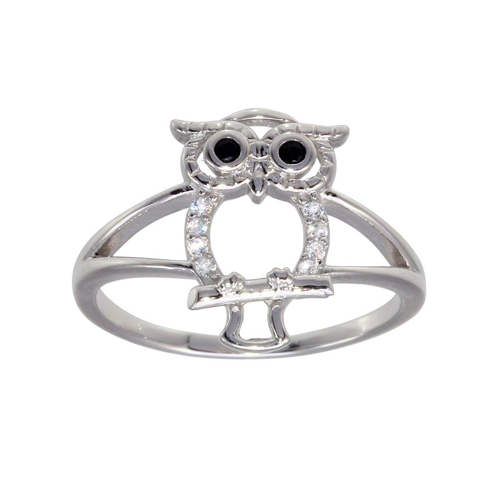 Rhodium Plated 925 Sterling Silver Owl Ring - GMR00300 | Silver