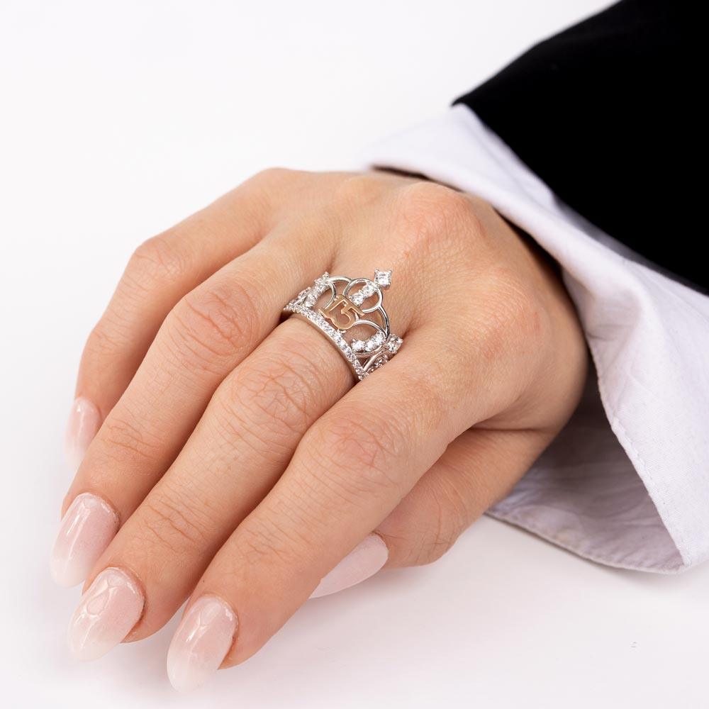 Anillo de corona de quinceañera en plata de ley 925 de dos tonos con circonitas - GMR00304RHR