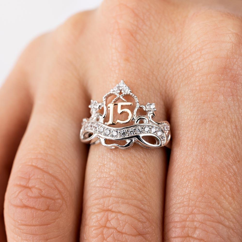 Anillo de corona de quinceañera en plata de ley bicolor con circonitas - GMR00307RHR