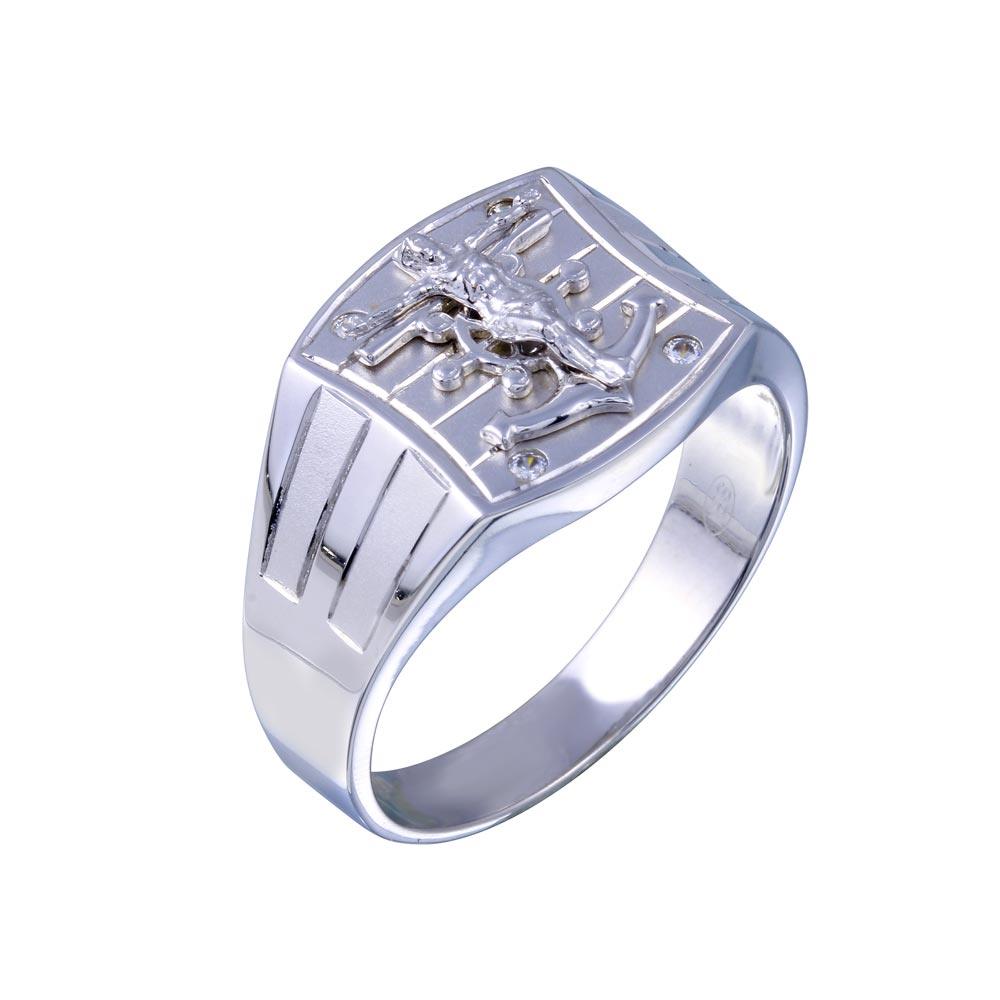 Rhodium Plated 925 Sterling Silver Crucifix Anchor CZ Hip Hop Ring - GMR00326