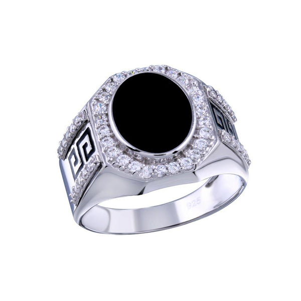 Men's Sterling Silver 925 Rhodium Plated Flat Oval Onyx Ring with CZ - GMR00250RH | Silver Palace Inc.