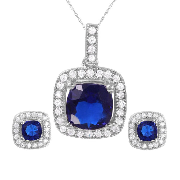 Silver 925 Rhodium Plated Square Blue CZ Set - GMS00020-SEP | Silver Palace Inc.