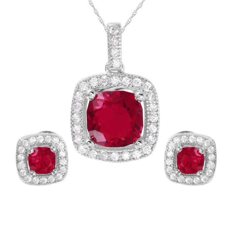 Silver 925 Rhodium Plated Square Red CZ Set - GMS00020RH-JUL | Silver Palace Inc.