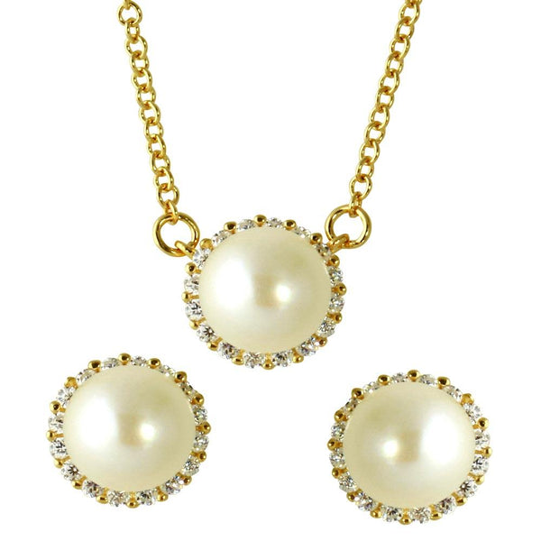 Silver 925 Gold Plated Fresh Water Pearl Pave Matching Set - GMS00026GP | Silver Palace Inc.