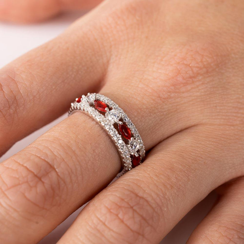 Silver 925 Rhodium Plated Band Encrusted with Clear and Red CZ Stones - GMR00133R