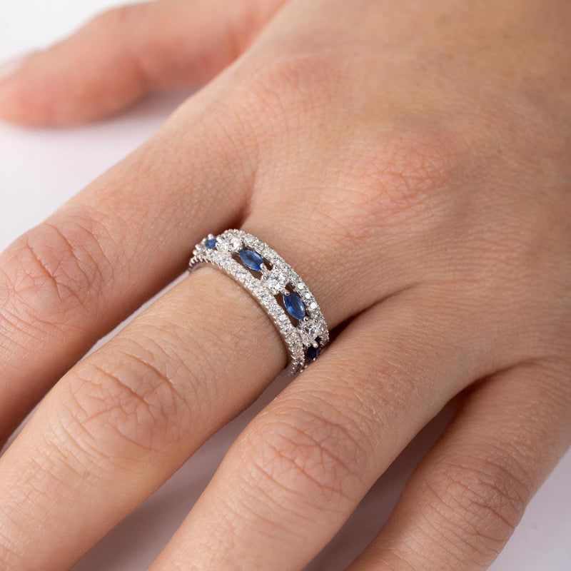 Silver 925 Rhodium Plated Band Encrusted with Clear and Blue CZ Stones - GMR00133S