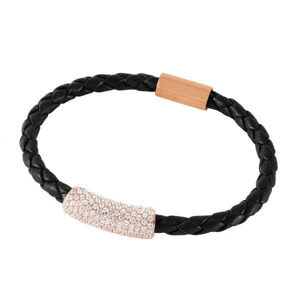 Closeout-SIlver 925 Rose Gold Plated CZ Bar Italian Leather Bracelet - ITB00142RGP-BRN | Silver Palace Inc.