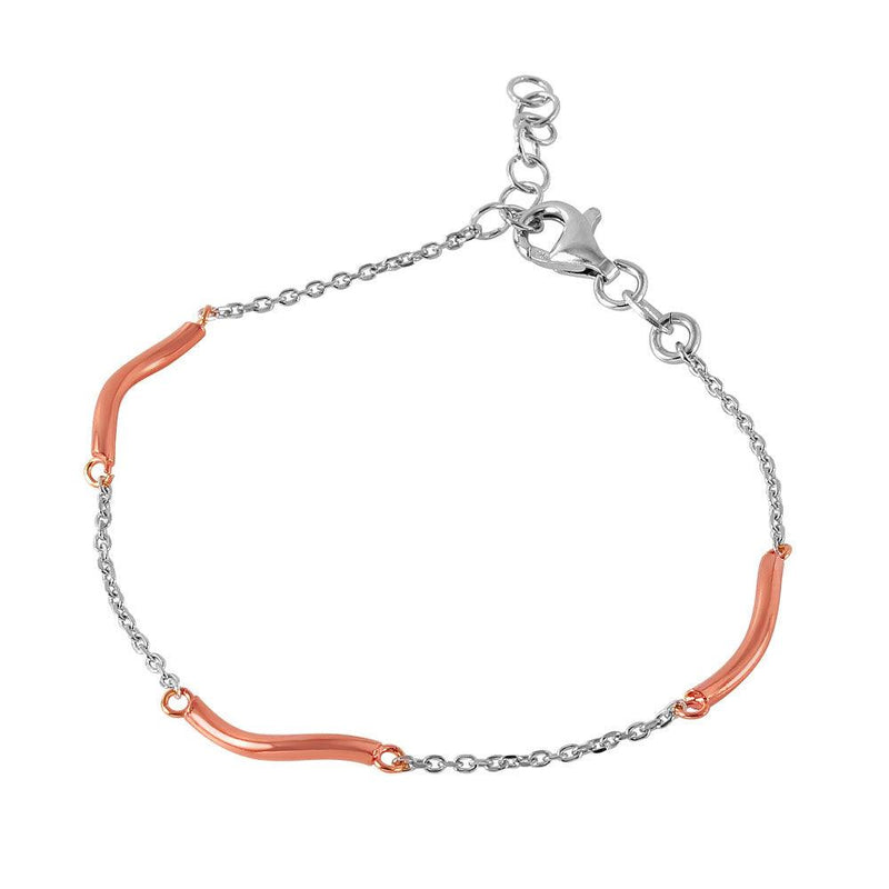 Silver 925 Rhodium Plated Chain with Rose Gold Plated Curved Accents Italian Bracelet - ITB00165RH-RGP | Silver Palace Inc.